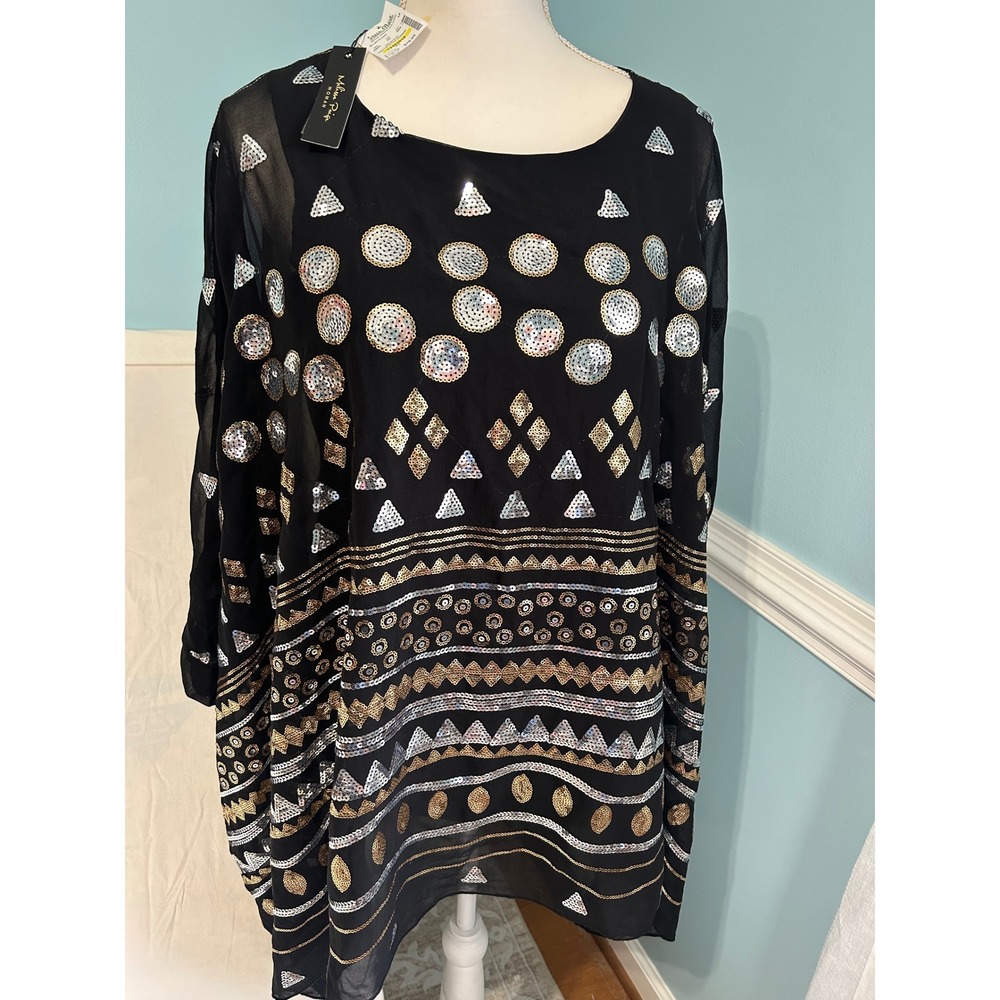 Melissa Paige Woman Black Sequin Poncho Top Gold Silver Geometric Chiffon 1X NEW